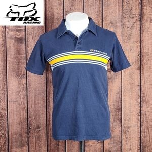 Vtg Mens FOX Racing Three Button Soft Cotton Navy Blue Polo With Chest Stripes